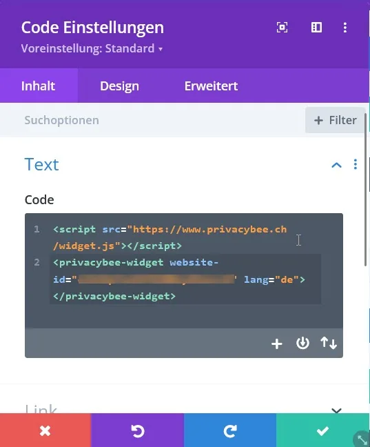 PrivacyBee Code im Divi Code-Modul