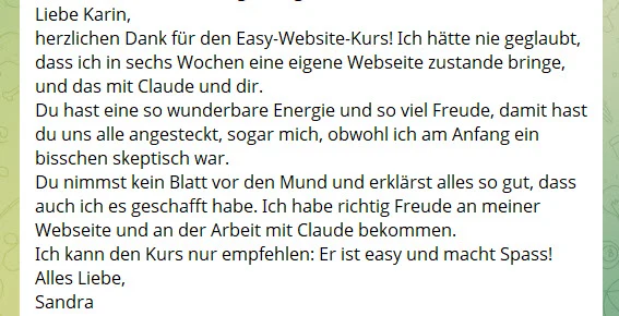 Kundenstimme von Sandra zum Kurs Easy Website mit Claude