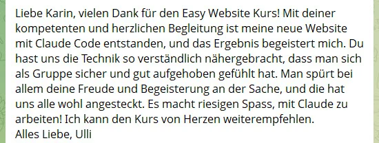 Kundenstimme von Ulli zum Kurs Easy Website mit Claude